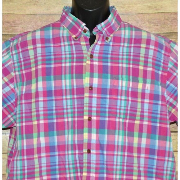 Lands' End Mens Button Down Shirt XL Pastel Plaid Short Sleeve Cotton Preppy - Picture 2 of 9